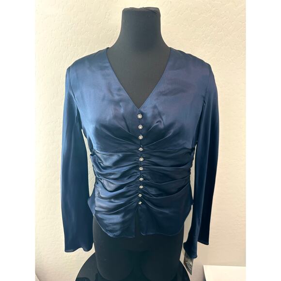 🆕 DONNA RICCO | Petite Dark Blue Silk Corset Fitted Long Sleeve Blouse | 10 - Picture 2 of 7